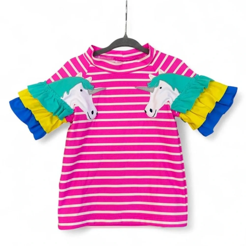 Mini Boden Girl's Pink Stripe Unicorn Appliqué Rash Guard Swim Top | Size 4-5